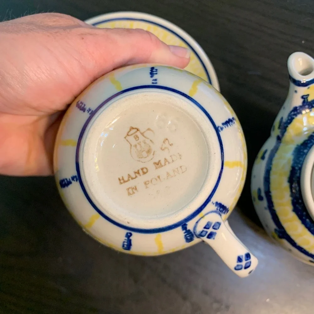 Ceramika Artystyczna Polish Pottery Tea Set Teapot Cup Saucer Yellow Blue READ
